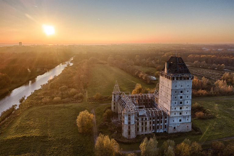 Drone picture of Almere castle during sunset