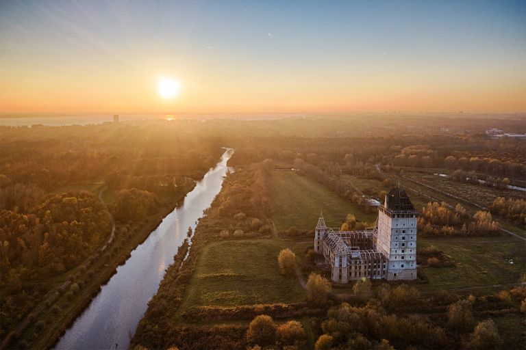 Drone sunset at Almere castle