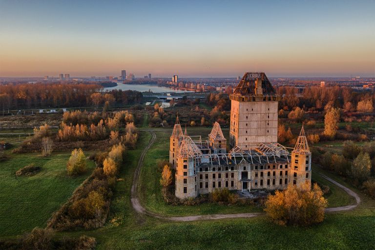Drone sunset at Almere castle