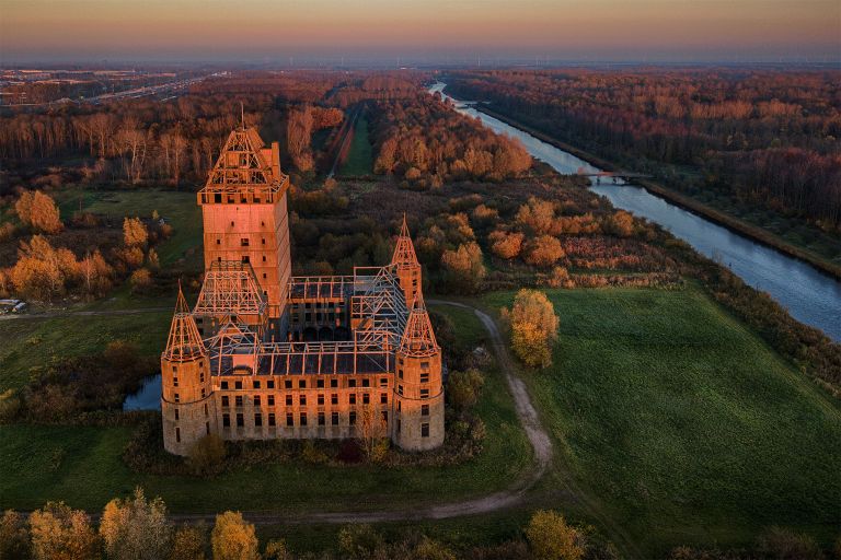 Drone picture of Almere castle during sunset