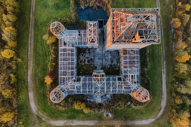 Top-down drone sunset of Almere Castle