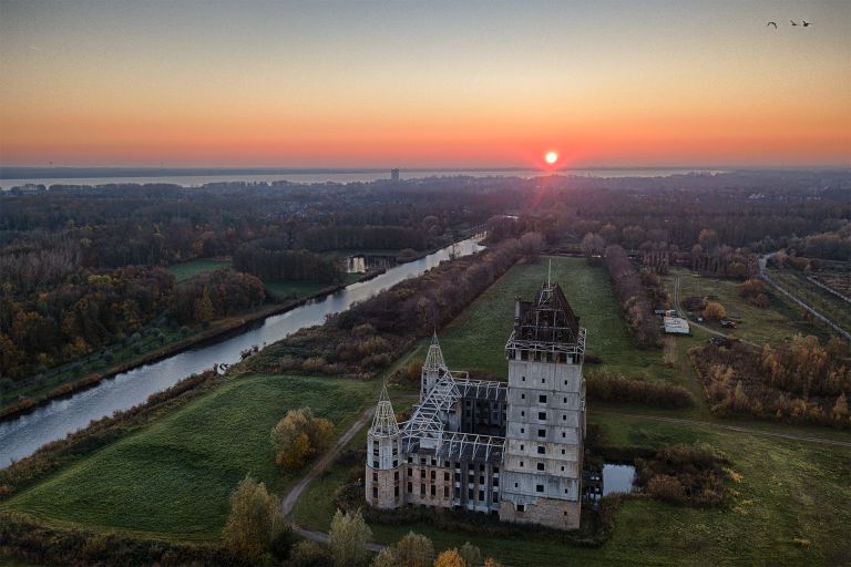 Drone picture of Almere Castle during sunset