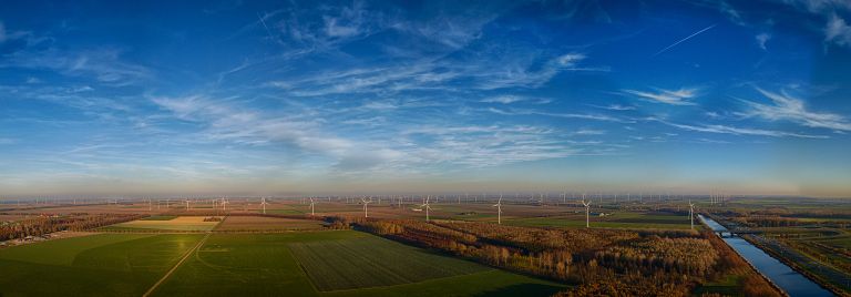 Drone panorama of the windmills near Almere