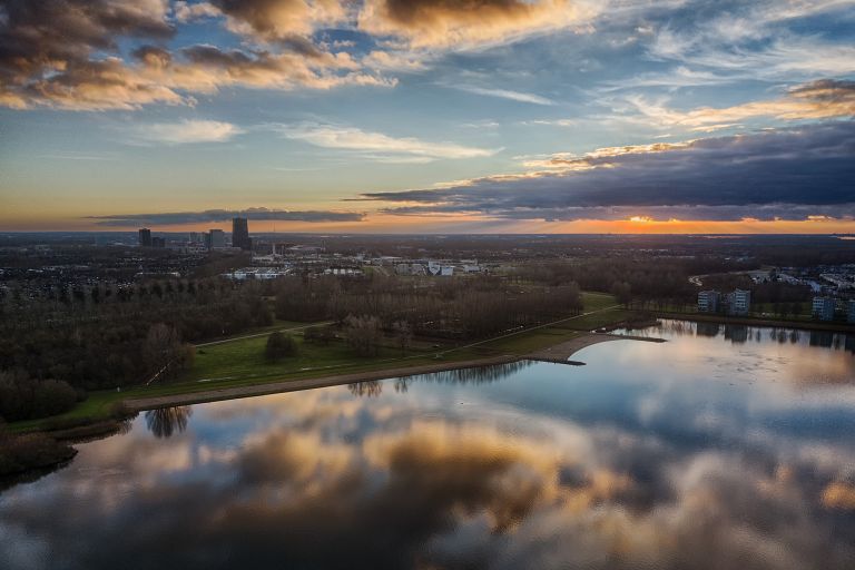 Drone sunset over lake Noorderplassen