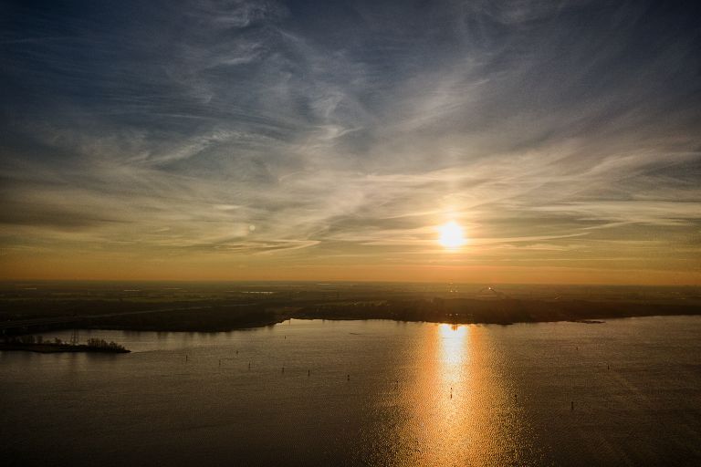 Sunset drone view over lake IJmeer