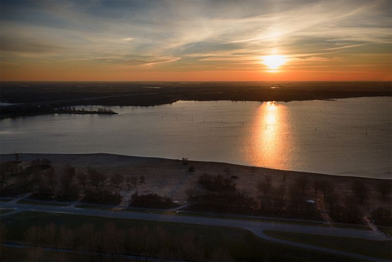 Sunset drone view over lake IJmeer