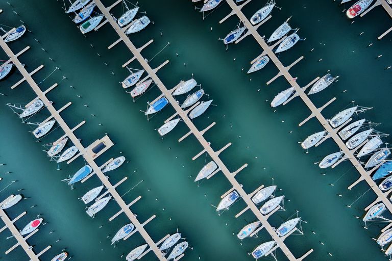 Drone top-down of the boats in Muiderzand marina