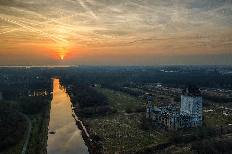 Sunset drone picture of Almere Castle