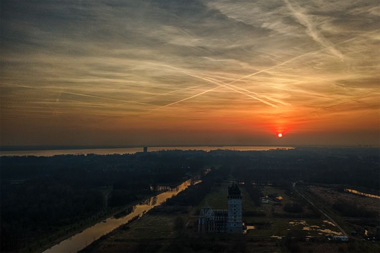Drone sunset at Almere Castle