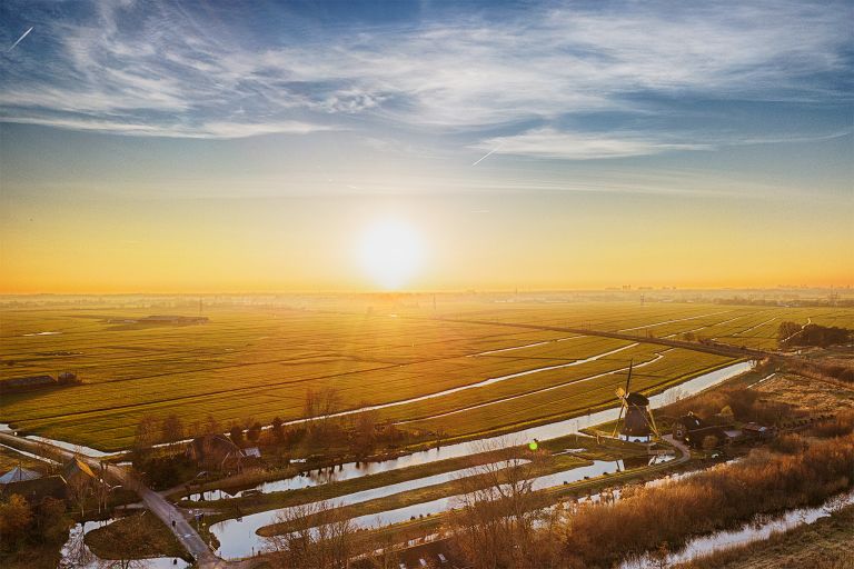 Sunset drone picture of fields near Weesp