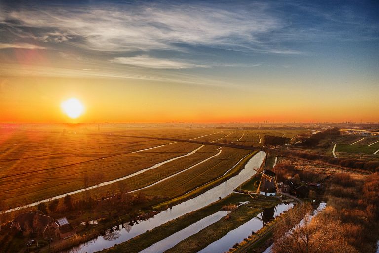 Drone sunset over windmill Meermolen de Onrust