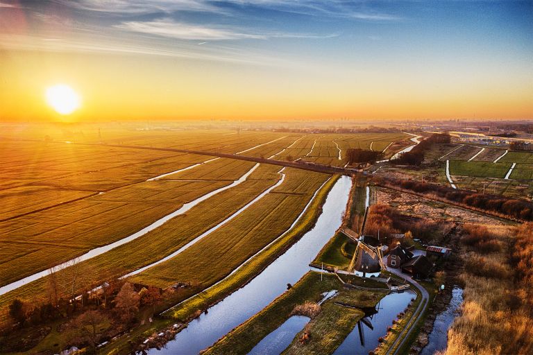Sunset drone picture of fields near Weesp