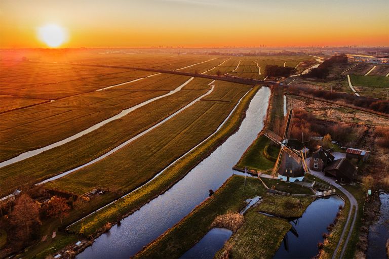 Sunset drone picture of windmill near Weesp
