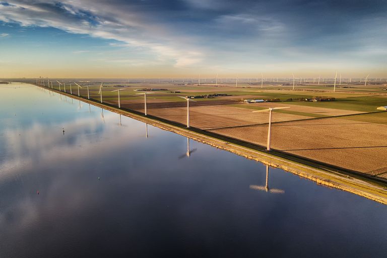 Windmills in the polder of Flevoland