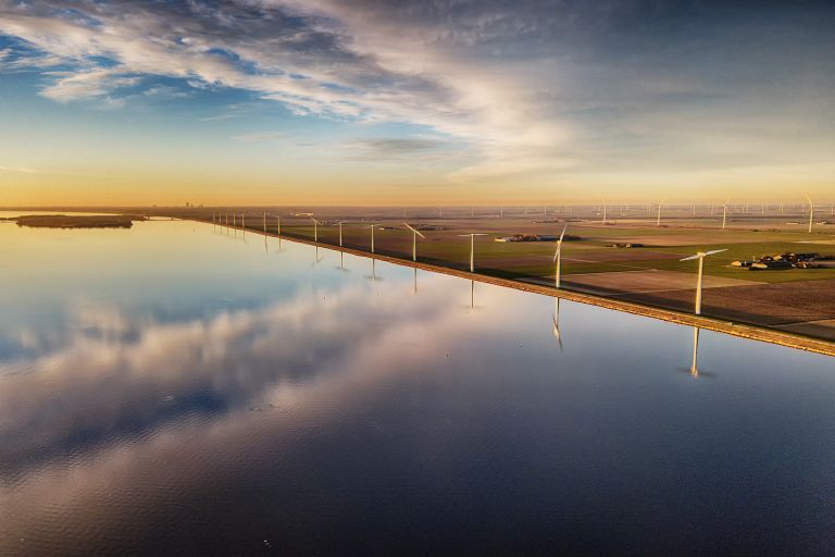 Drone picture of the windmills on Eemmeerdijk