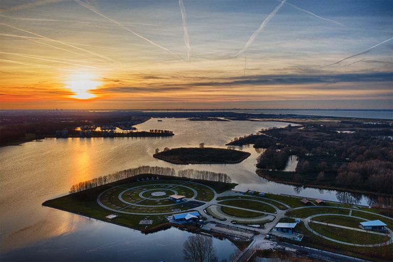 Sunset drone picture of camping Waterhout