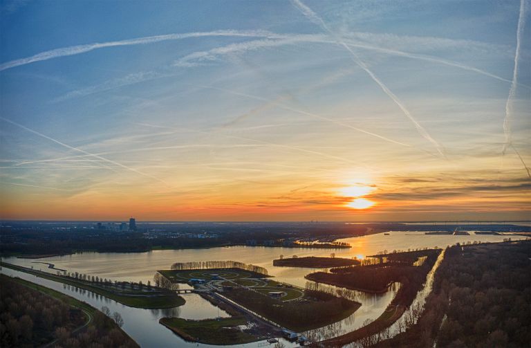Sunset drone panorama of lake Noorderplassen