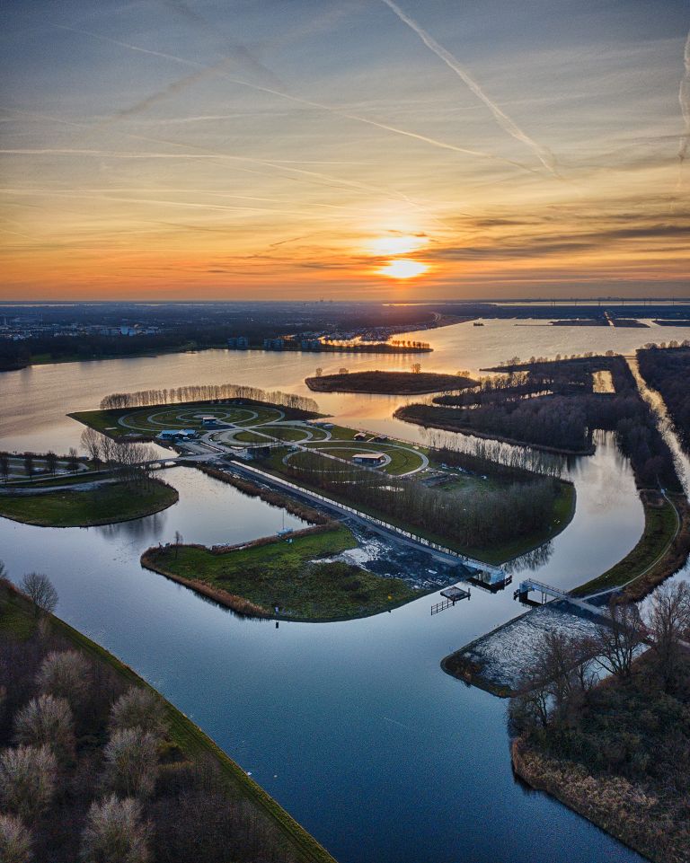 Sunset drone picture of lake Noorderplassen