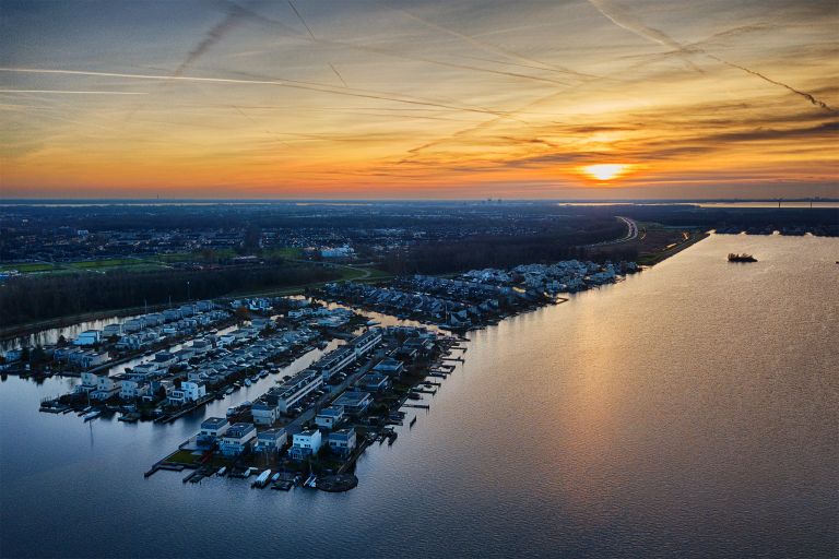 Sunset drone picture of lake Noorderplassen