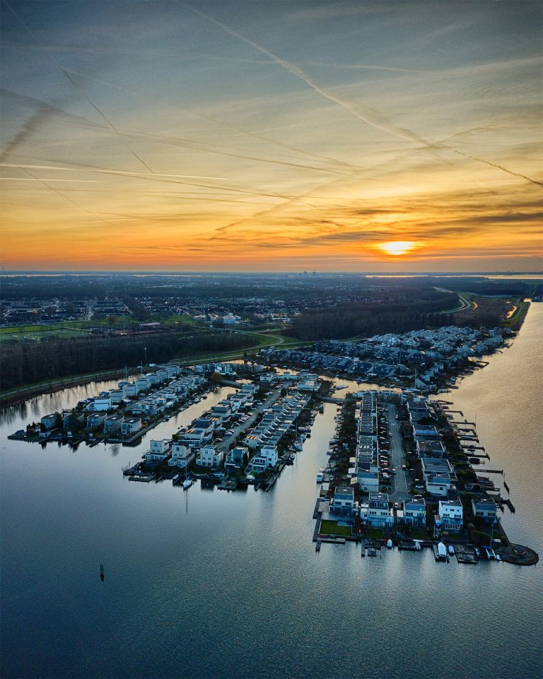 Sunset drone picture of lake Noorderplassen