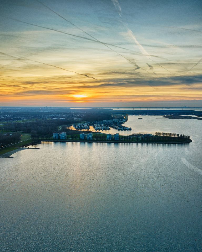 Sunset drone picture of lake Noorderplassen