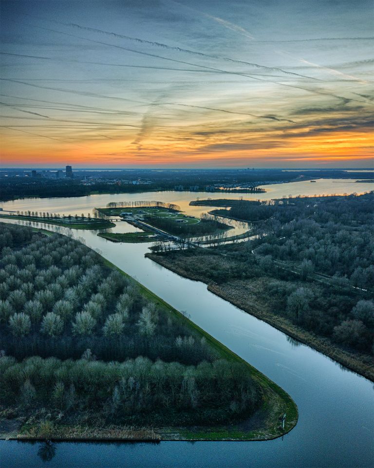 Sunset drone picture of lake Noorderplassen