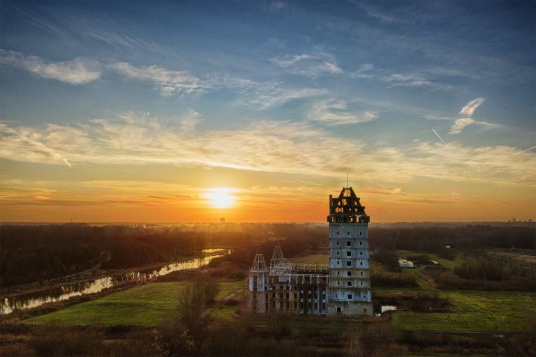 Sunset drone picture of Almere Castle