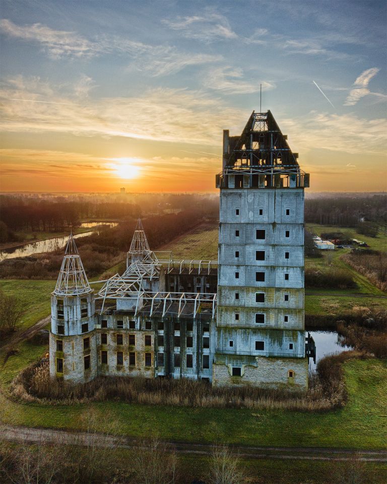 Sunset drone picture of Almere Castle