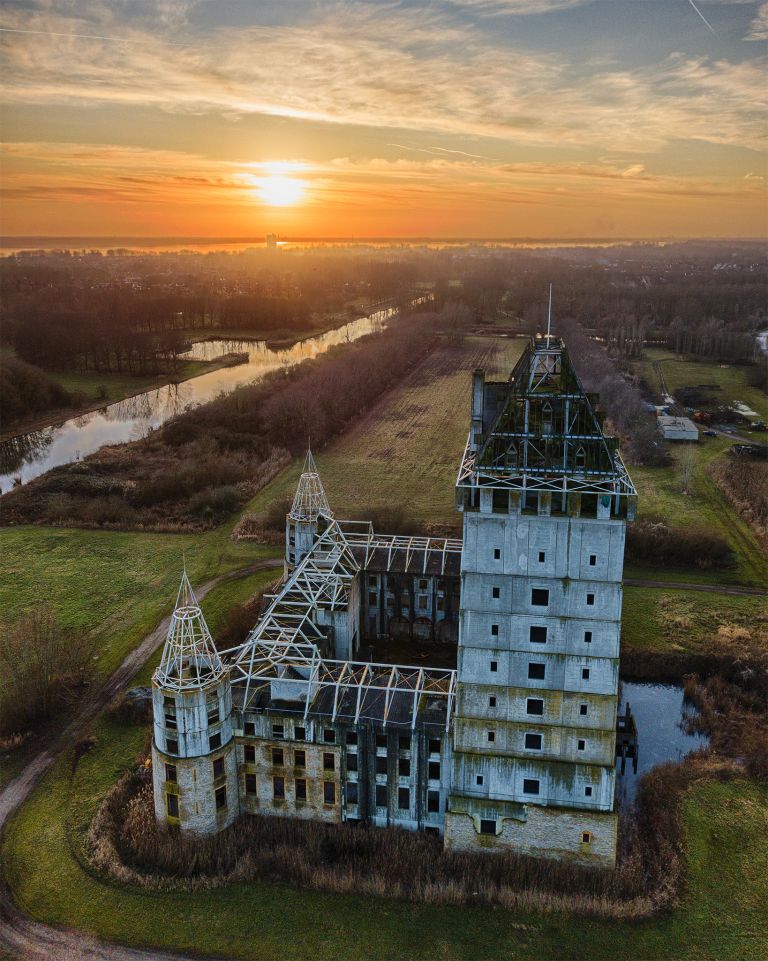 Sunset drone picture of Almere Castle