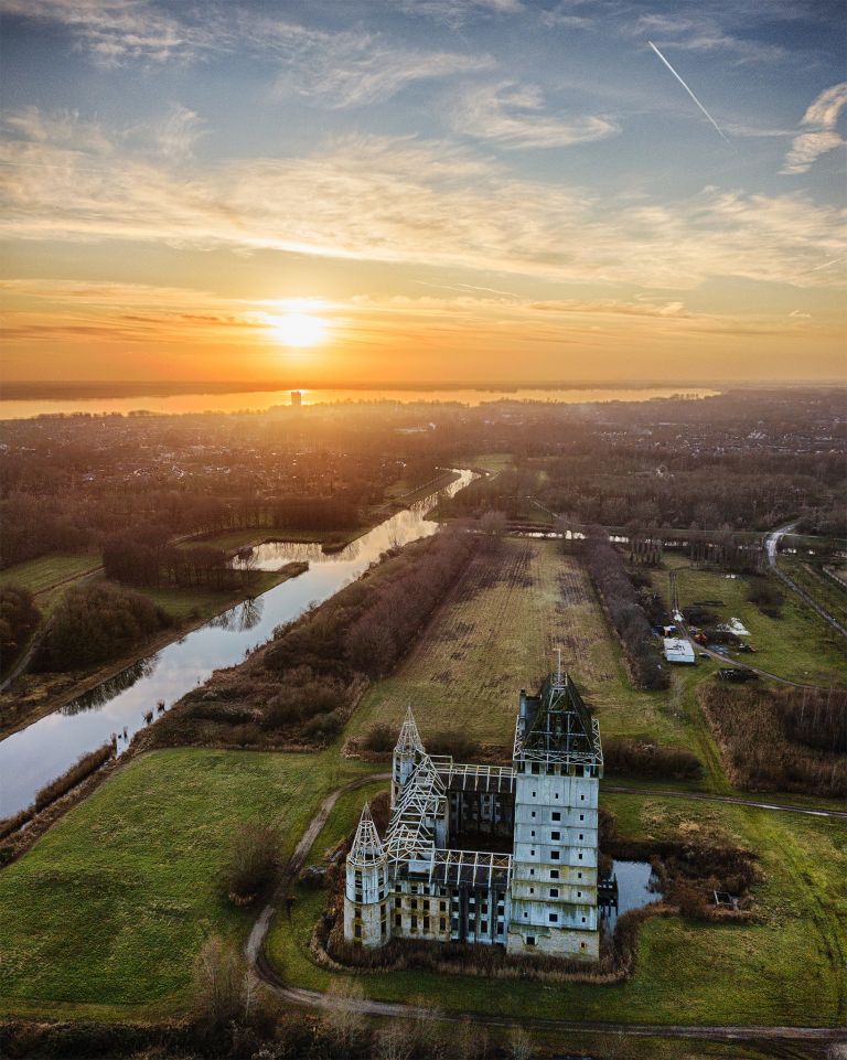 Sunset drone picture of Almere Castle