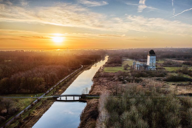 Sunset drone picture of Almere Castle