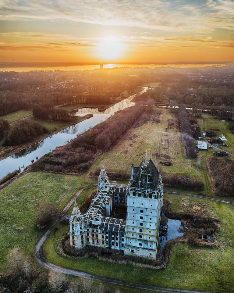 Sunset drone picture of Almere Castle