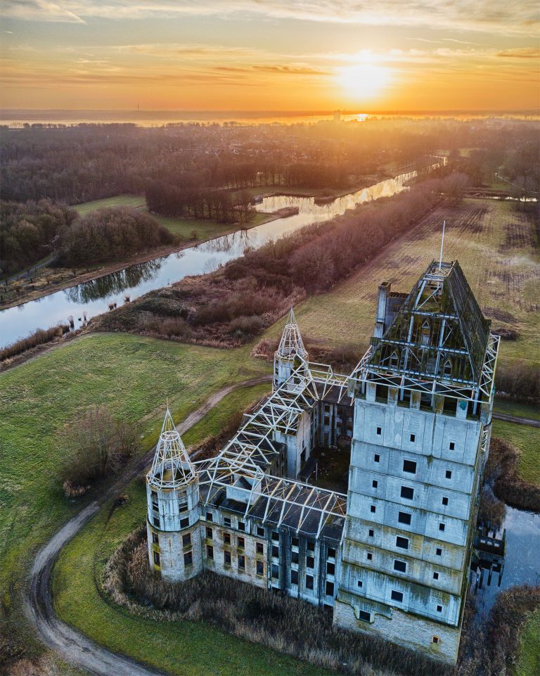 Sunset drone picture of Almere Castle