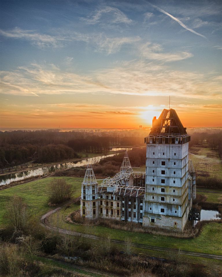 Sunset drone picture of Almere Castle