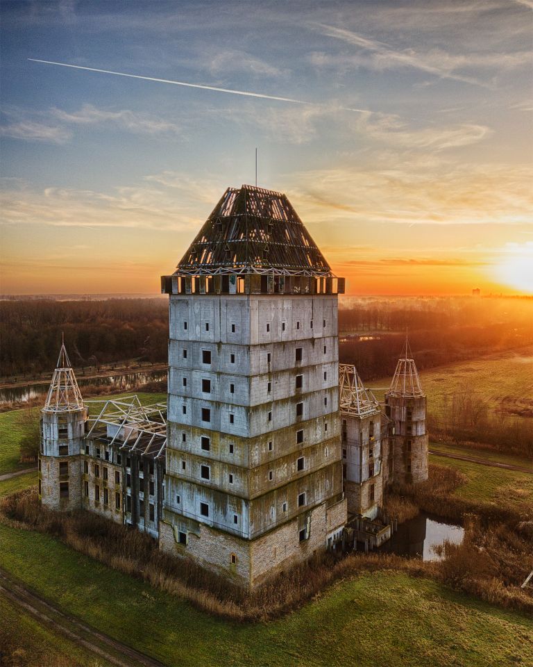 Sunset drone picture of Almere Castle