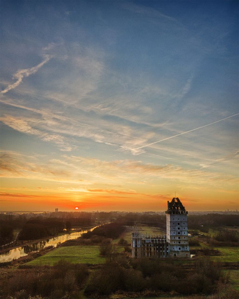 Sunset drone picture of Almere Castle