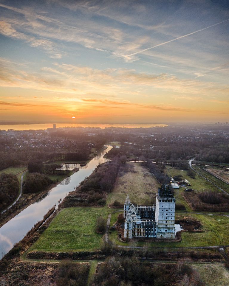 Sunset drone picture of Almere Castle