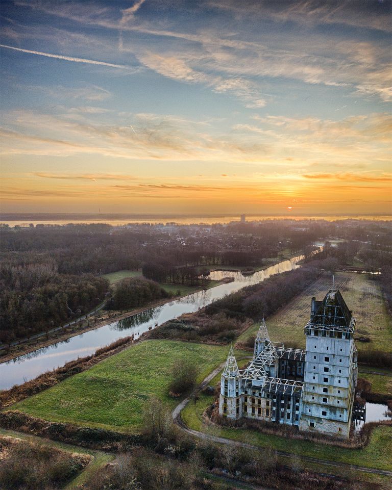 Sunset drone picture of Almere Castle