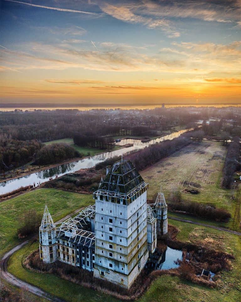 Sunset drone picture of Almere Castle