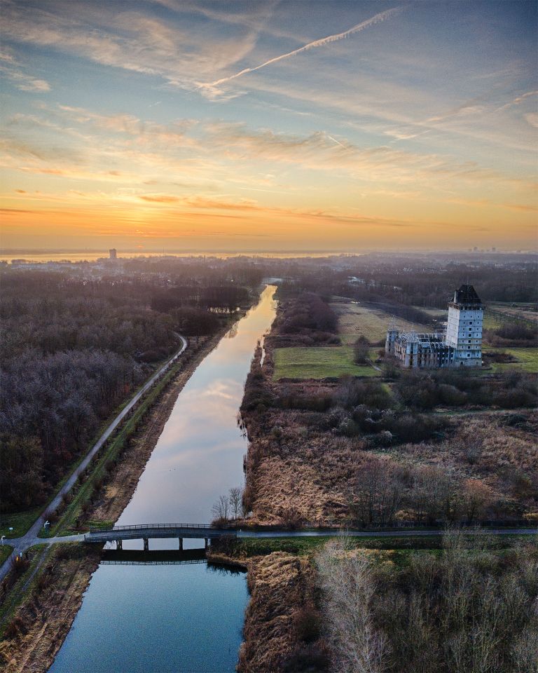 Sunset drone picture of Almere Castle