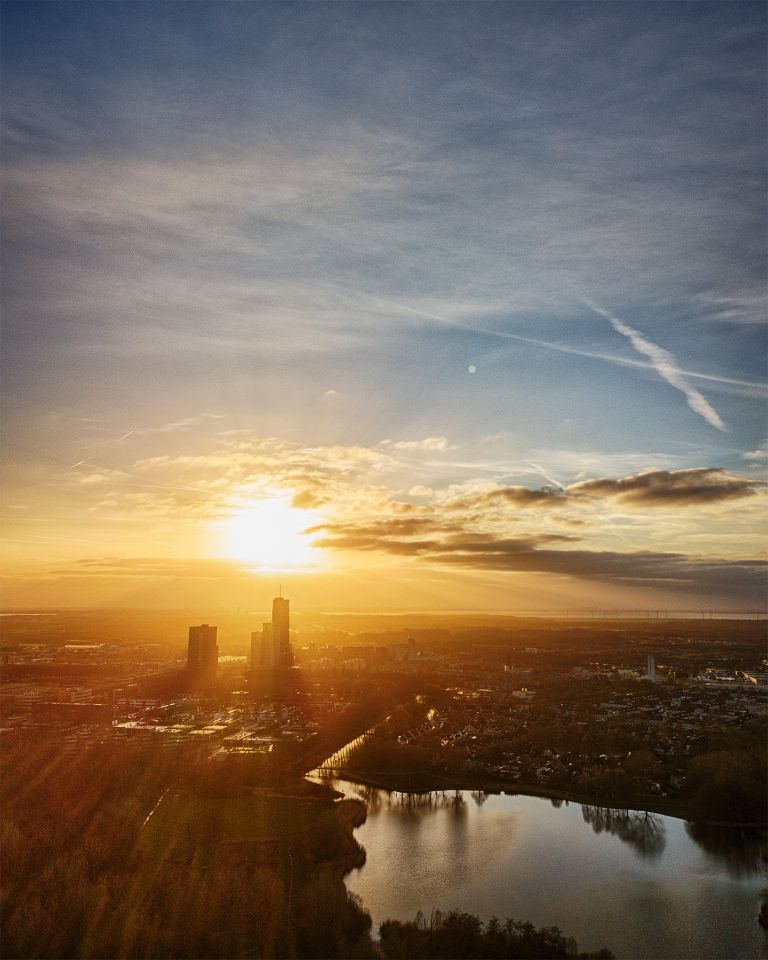 Drone sunset from lake Leeghwaterplas