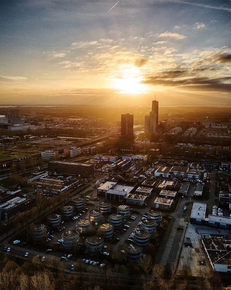 Drone sunset of Almere-Stad city centre