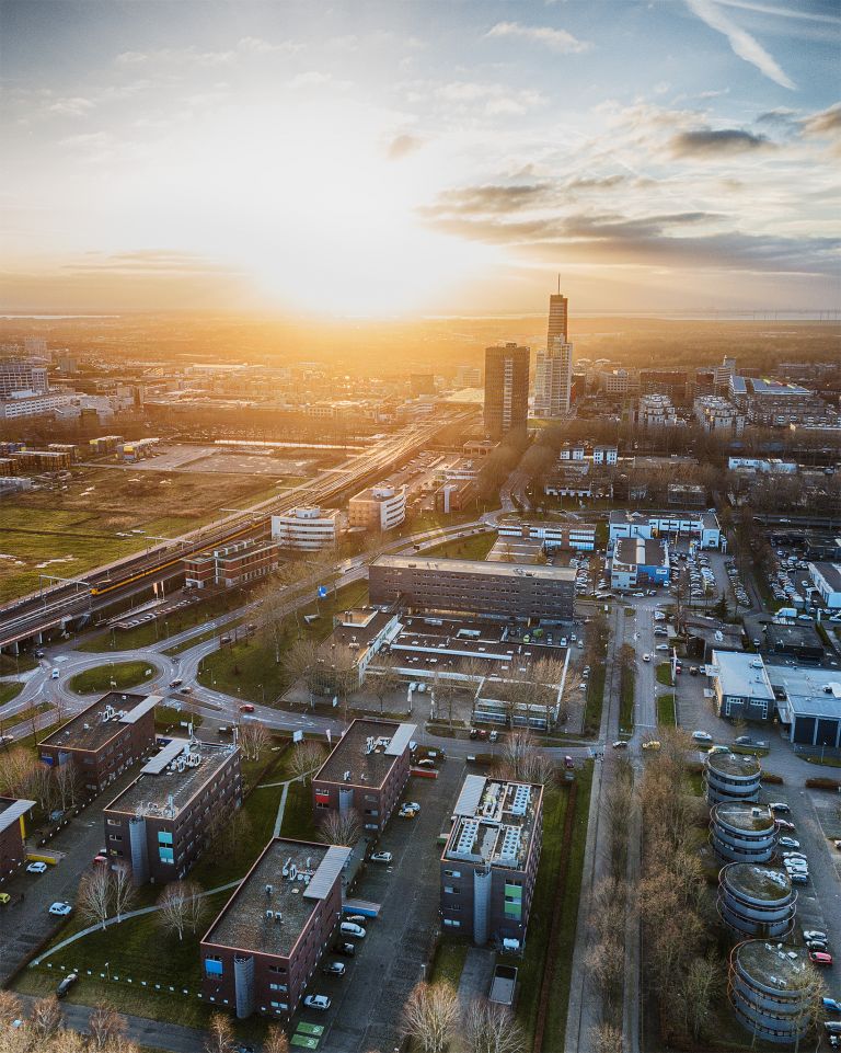 Drone sunset of Almere-Stad city centre