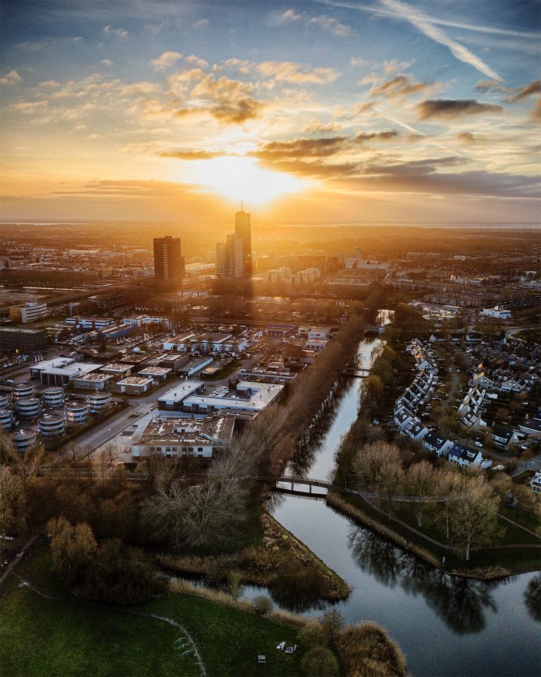 Drone sunset from lake Leeghwaterplas