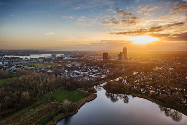 Drone sunset from lake Leeghwaterplas