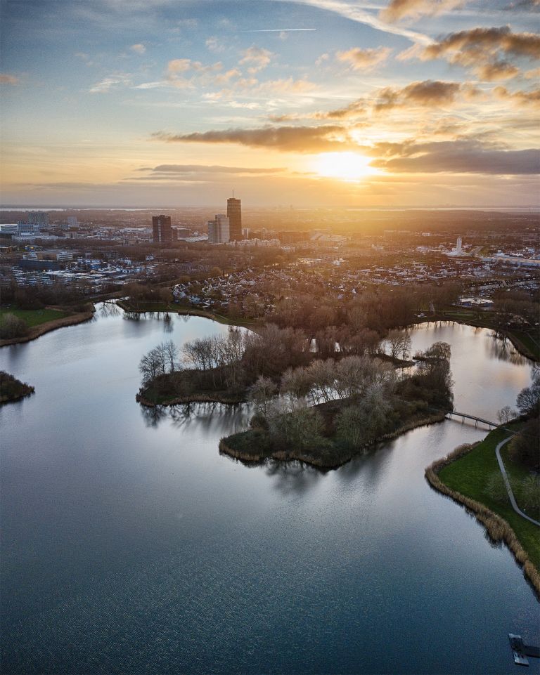 Drone sunset from lake Leeghwaterplas