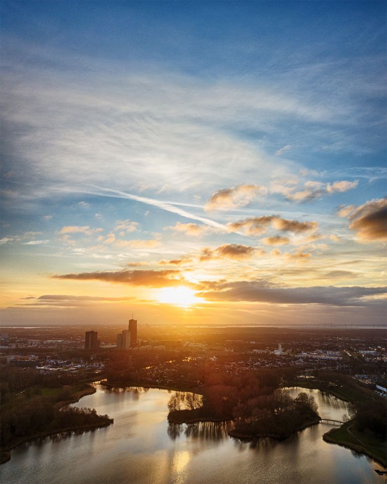 Drone sunset from lake Leeghwaterplas