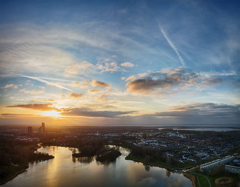 Drone sunset from lake Leeghwaterplas