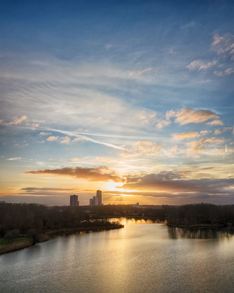 Drone sunset from lake Leeghwaterplas