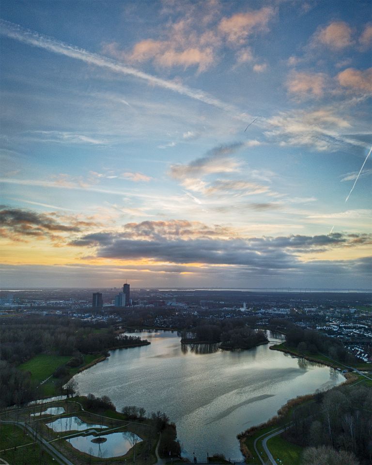 Drone sunset over lake Leeghwaterplas